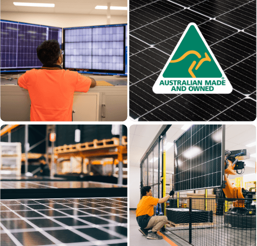 Australian-made solar panels in a manufacturing facility, showcasing advanced solar technology for clean energy solutions and solar power systems.