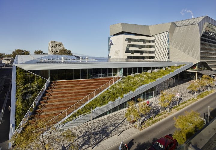 UniSA Pridham Hall, featuring rooftop commercial solar panels as part of the university’s sustainability efforts