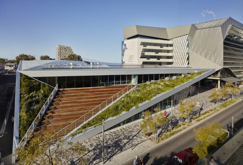 UniSA Pridham Hall, featuring rooftop commercial solar panels as part of the university’s sustainability efforts