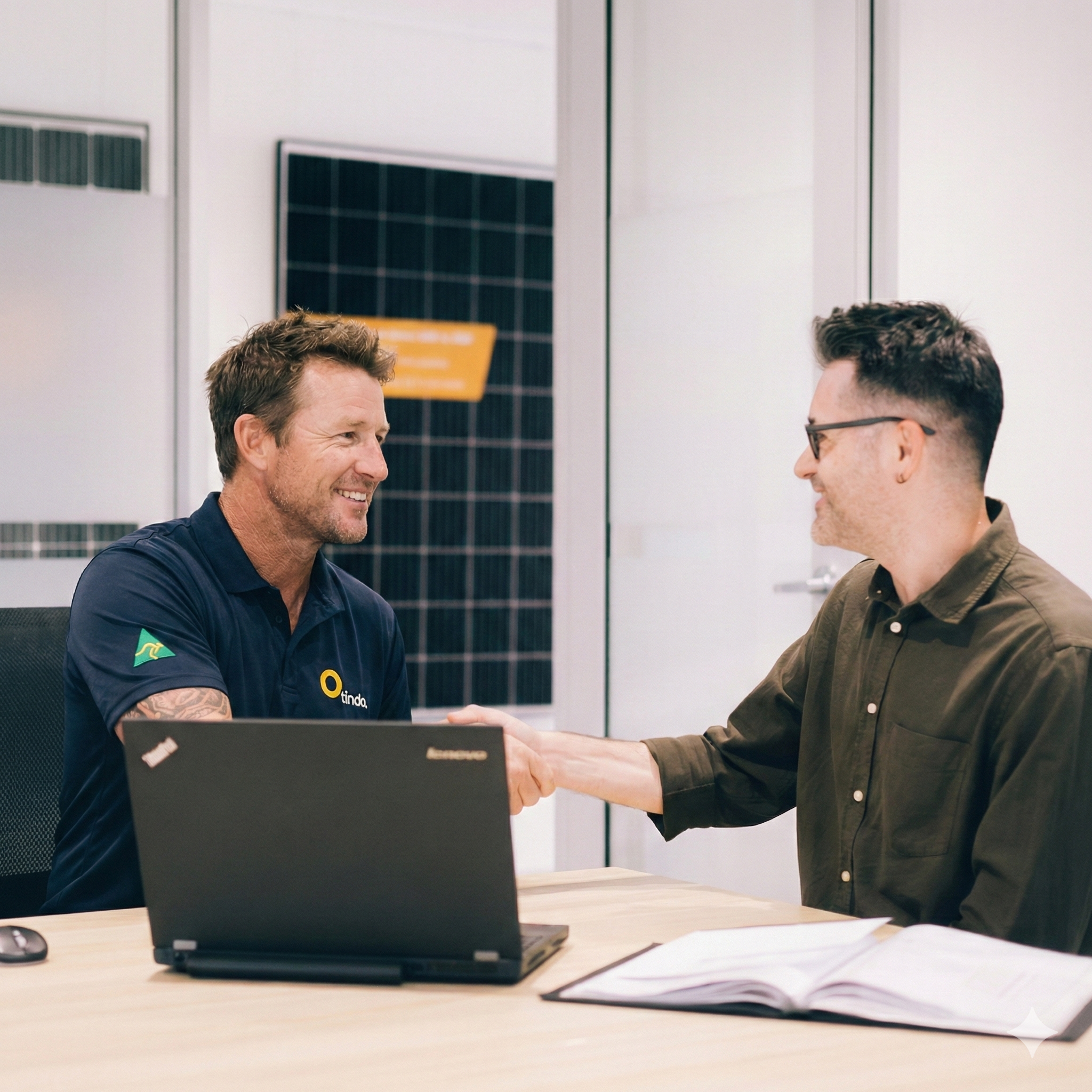 A staff member works with a client to create a personalized solar panel system that fits their specific energy requirements, exploring various options for solar panels, batteries, and energy storage solutions.