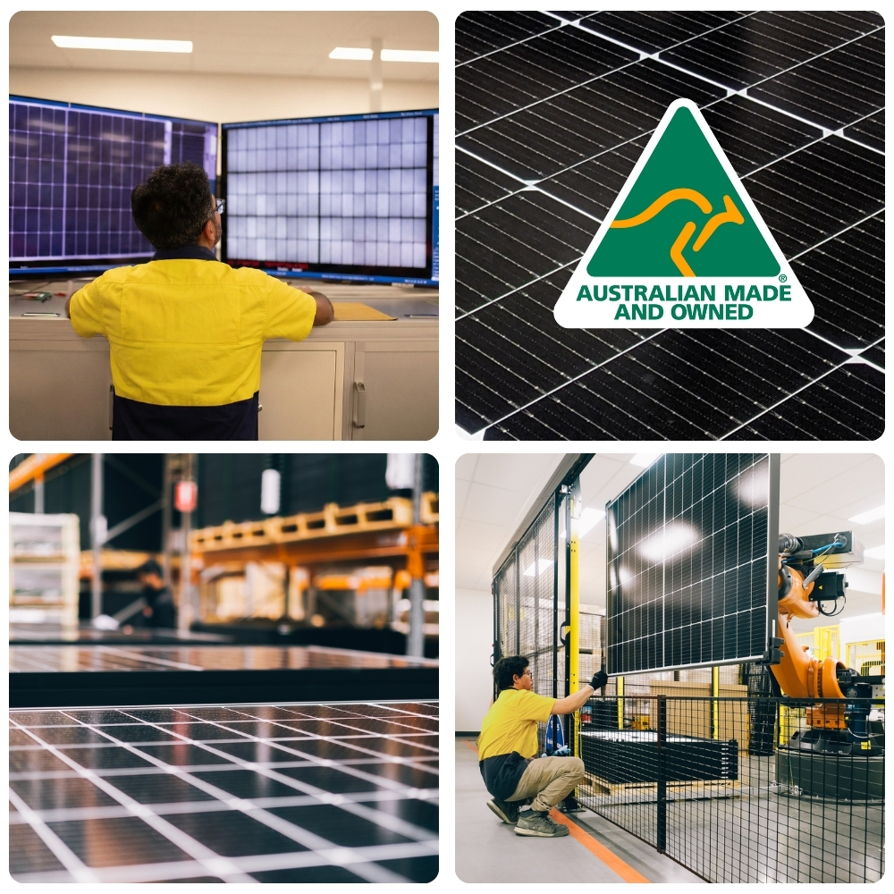 Australian-made solar panels in a manufacturing facility, showcasing advanced solar technology for clean energy solutions and solar power systems.